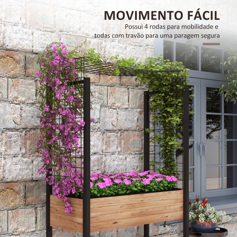 Outsunny Horta Elevada com Rodas Horta Urbana com Treliça Orifícios de Drenagem para Plantas Trepadeiras Flores 110x49x190 cm Marrom