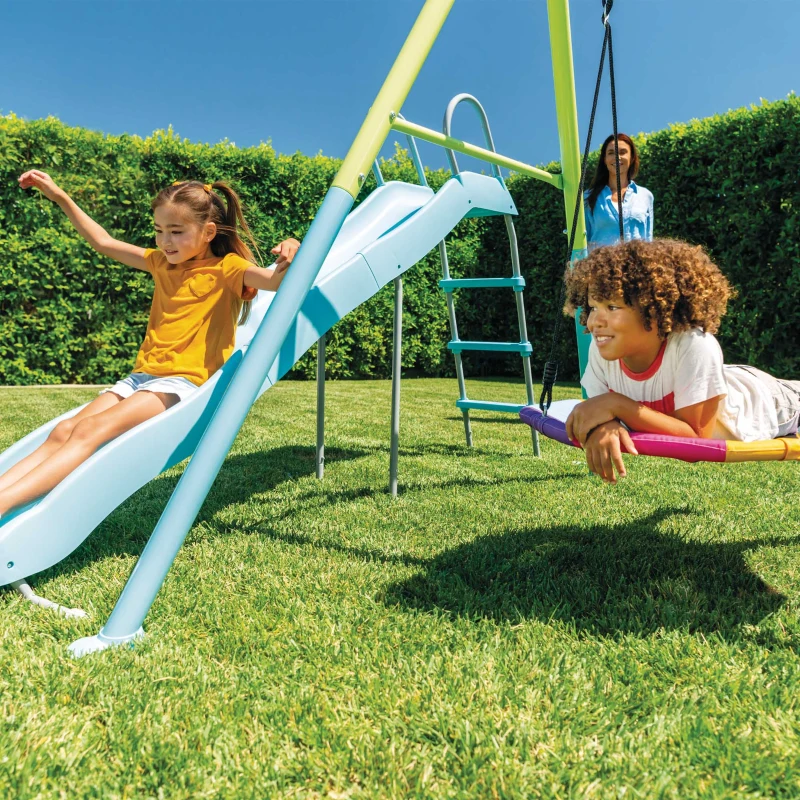 INTEX 44151 - Altalena Verde E Blu Cm 467X244X201, 5 Componenti (Scivolo, Dondolo Ottagonale, 2 Altalene, Dondolo Con Poggia Piedi)