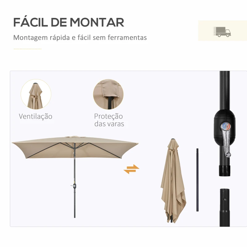 Outsunny Chapéu de Sol de Alumínio Retangular com Toldo Inclinável a Manivela e Mastro Desmontável  195x295x240 cm Cáqui