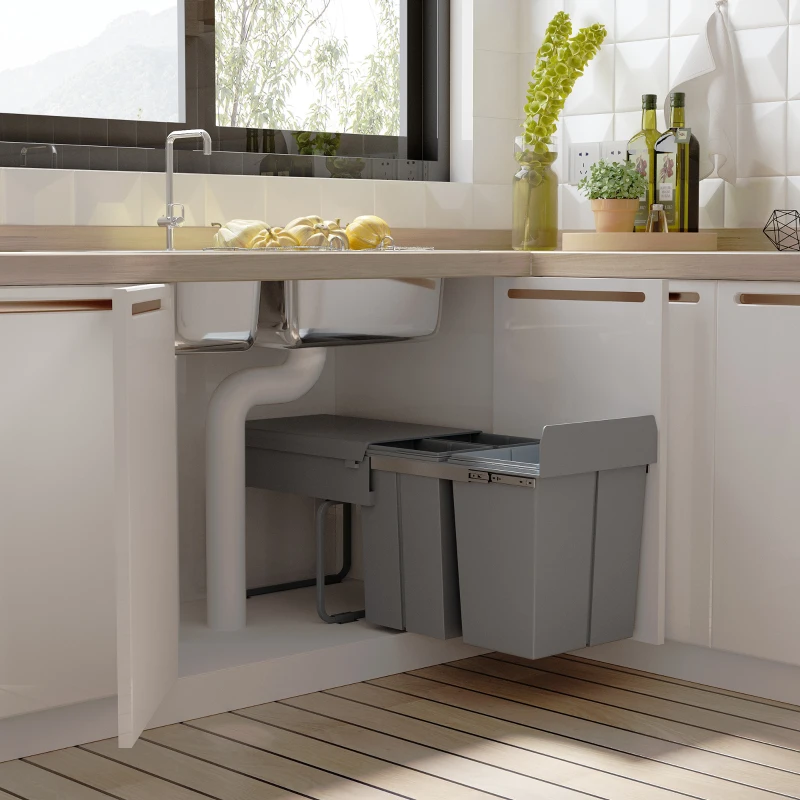 HOMCOM Cubo Basura Extraible Bajo Fregadero con 3 Contenedores de Reciclaje Clasificación de Residuos 48x34,2x41,8 cm Gris(m-2)