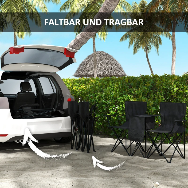 Outsunny Podwójne krzesło campingowe, przenośne krzesło składane z dwoma stolikami, uchwytami na napoje i kieszeniami na przechowywanie, krzesło ogrodowe dla 2 osób, kolor czarny