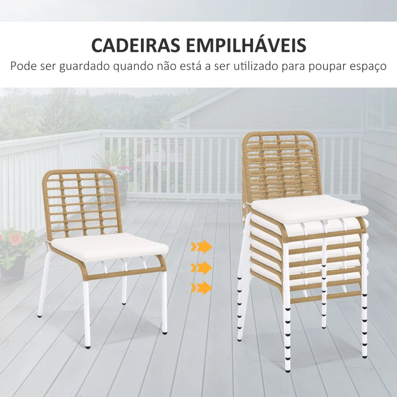 Outsunny Conjunto de Refeição de Vime Sintético Jogo de 7 Peças Inclui 6 Cadeiras Empilháveis com Almofadas e Mesa de Vidro Natural
