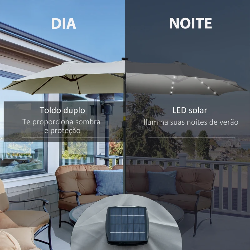 Outsunny Chapéu de Sol Duplo de Jardim com 48 Luzes LED Solar 450x265x240cm com Manivela Proteção Solar para Terraço Cinza Claro