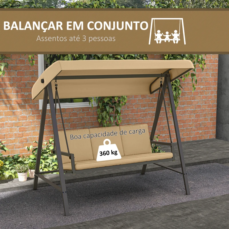 Outsunny Baloiço de Jardim de 3 Lugares com Toldo Ajustável Almofadas Removíveis e Estrutura de Aço 200x125x175 cm Bege