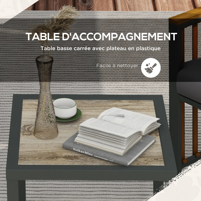 Outsunny Ensemble de meubles de jardin 3 pièces avec 2 fauteuils + 1 table basse carrée coussins inclus