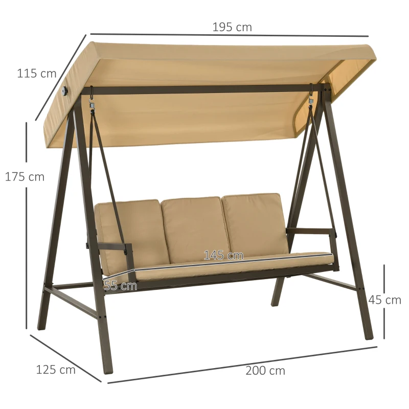 Outsunny Baloiço de Jardim de 3 Lugares com Toldo Ajustável Almofadas Removíveis e Estrutura de Aço 200x125x175 cm Bege