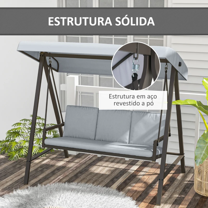 Outsunny Baloiço de Jardim de 3 Lugares com Toldo Ajustável Almofadas Removíveis e Estrutura de Aço 200x125x175 cm Cinza