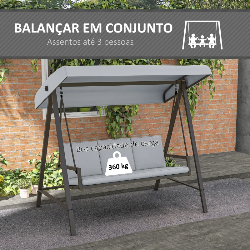 Outsunny Baloiço de Jardim de 3 Lugares com Toldo Ajustável Almofadas Removíveis e Estrutura de Aço 200x125x175 cm Cinza