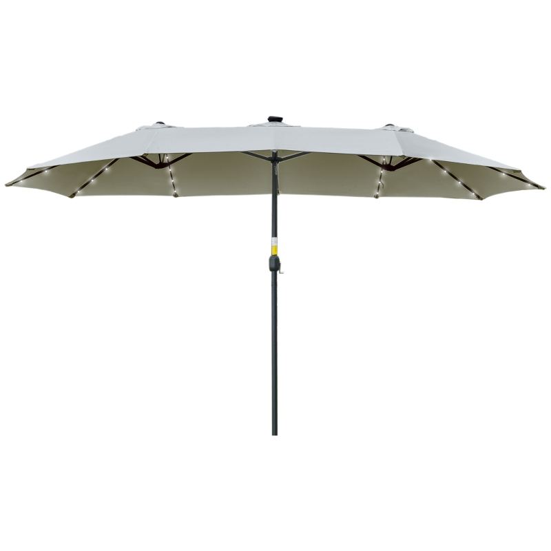 Outsunny Chapéu de Sol Duplo de Jardim com 48 Luzes LED Solar 450x265x240cm com Manivela Proteção Solar para Terraço Cinza Claro