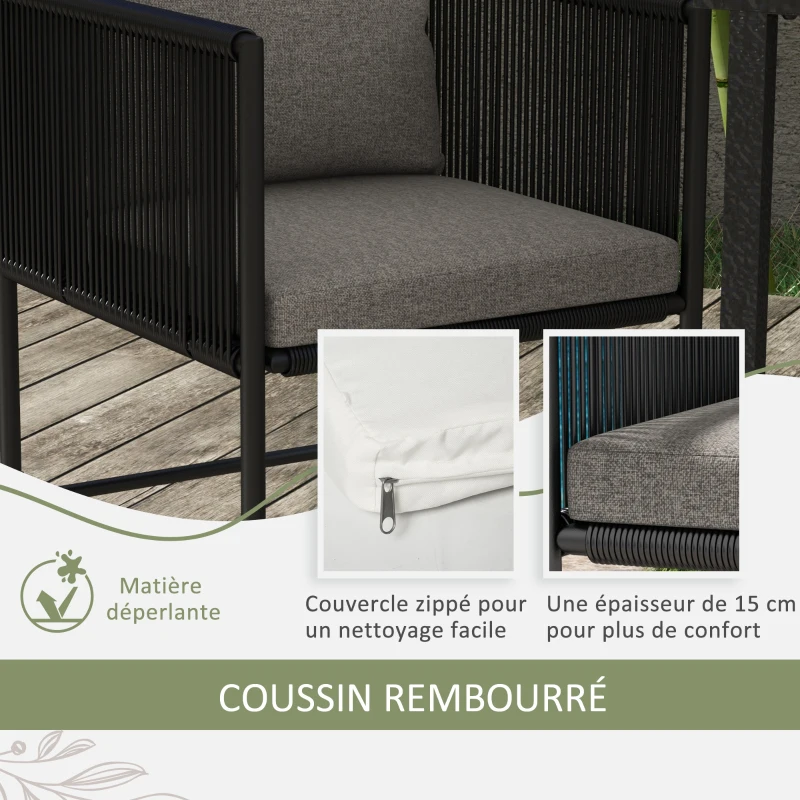 Outsunny Salon de jardin ensemble 3 pièces avec 1 table et 2 fauteuils 4 coussins table en composite plateau aspect bois noir