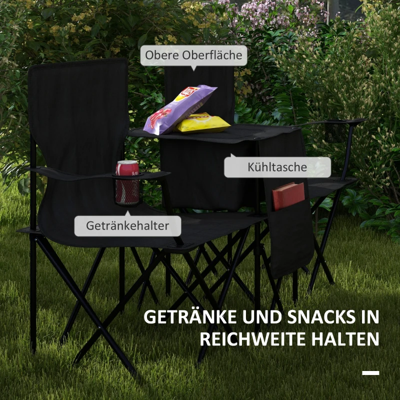 Outsunny Podwójne krzesło campingowe, przenośne krzesło składane z dwoma stolikami, uchwytami na napoje i kieszeniami na przechowywanie, krzesło ogrodowe dla 2 osób, kolor czarny