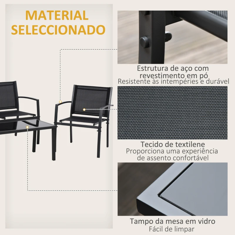 Outsunny Conjunto de Móveis de Jardim Conjunto de 4 Peças com 2 Poltronas 1 Sofá de 2 Lugares e Mesa de Centro com Tampo de Vidro Preto