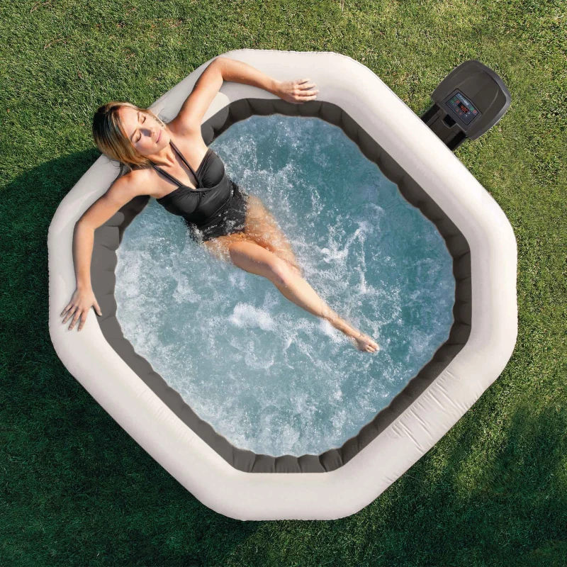 INTEX 28434EX - Spa Bubble Ottagonale Cm 180X71, 4 Posti, Con Pompa, Riscaldatore, Sistema Di Purificazione Acqua, 120 Getti, Telo Base, Telo Copertura, Dispenser Di Cloro