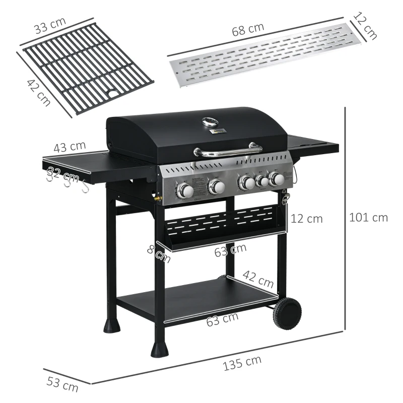 Outsunny Grill gazowy BBQ-Grill, 4 główne palniki, 1 palnik boczny, 1 płyta do podgrzewania; 135 x 53 x 101cm, Ciemnoszary