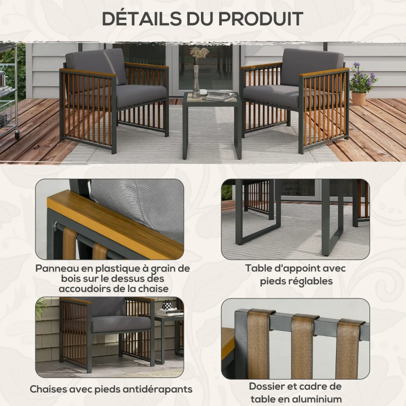Outsunny Ensemble de meubles de jardin 3 pièces avec 2 fauteuils + 1 table basse carrée coussins inclus