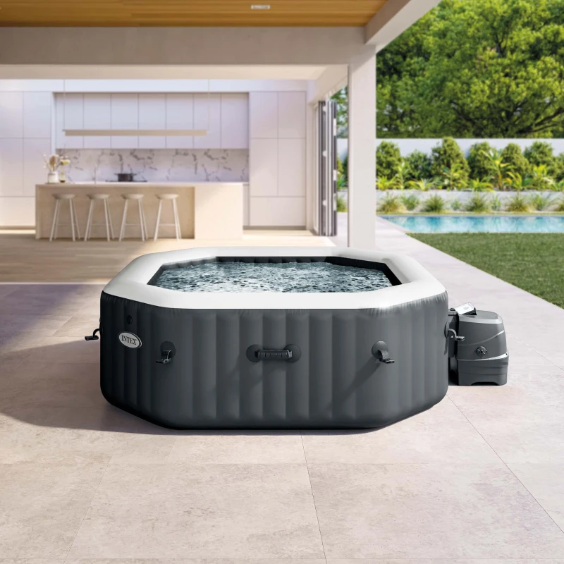 INTEX 28434EX - Spa Bubble Ottagonale Cm 180X71, 4 Posti, Con Pompa, Riscaldatore, Sistema Di Purificazione Acqua, 120 Getti, Telo Base, Telo Copertura, Dispenser Di Cloro