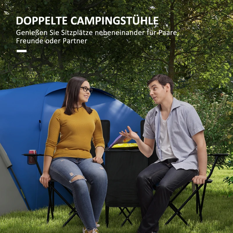 Outsunny Podwójne krzesło campingowe, przenośne krzesło składane z dwoma stolikami, uchwytami na napoje i kieszeniami na przechowywanie, krzesło ogrodowe dla 2 osób, kolor czarny