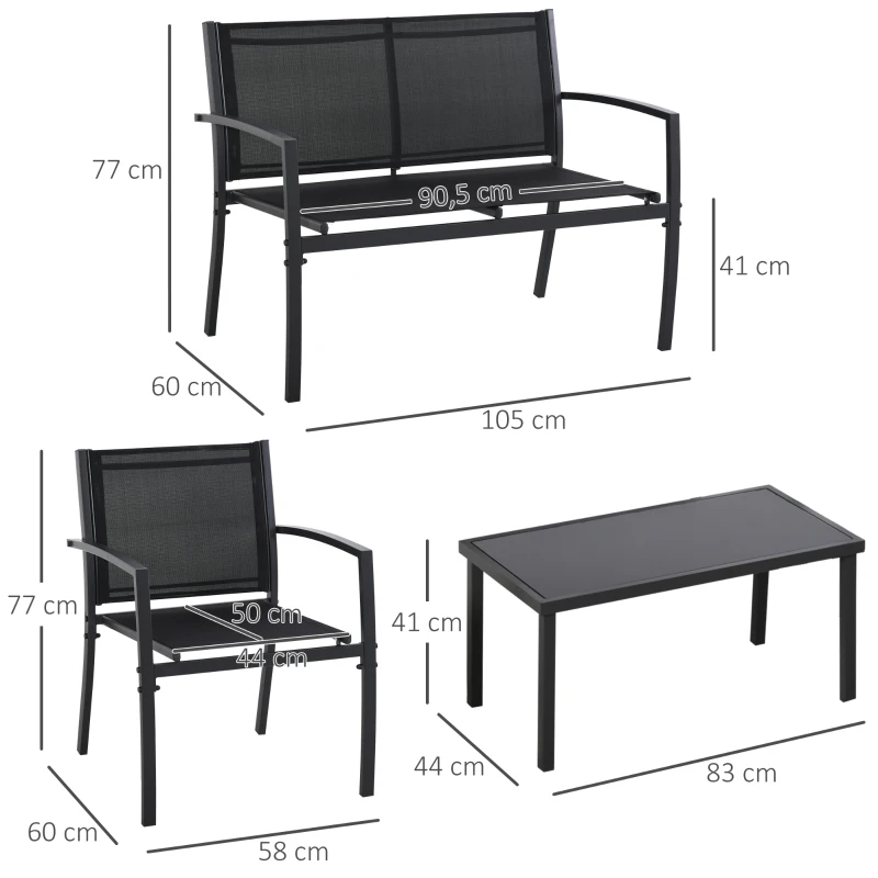 Outsunny Conjunto de Móveis de Jardim Conjunto de 4 Peças com 2 Poltronas 1 Sofá de 2 Lugares e Mesa de Centro com Tampo de Vidro Preto