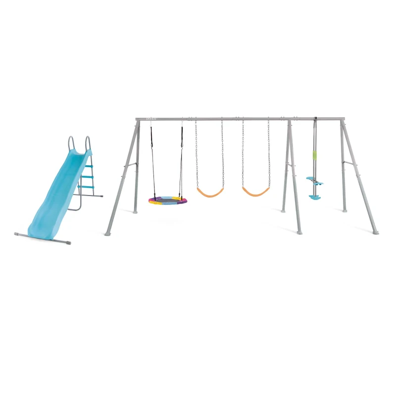 INTEX 44152 - Altalena Grigia Cm 467X244X201, 5 Componenti (Scivolo, Dondolo Ottagonale, 2 Altalene, Dondolo Con Poggia Piedi)