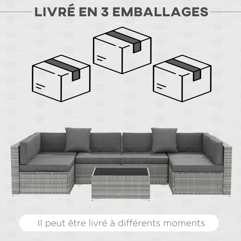 Outsunny Ensemble salon de jardin 7 pièces modulables table basse plateau verre trempé coussins déhoussables inclus gris