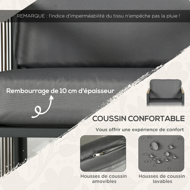 Outsunny Ensemble de meubles de jardin 3 pièces avec 2 fauteuils + 1 table basse carrée coussins inclus