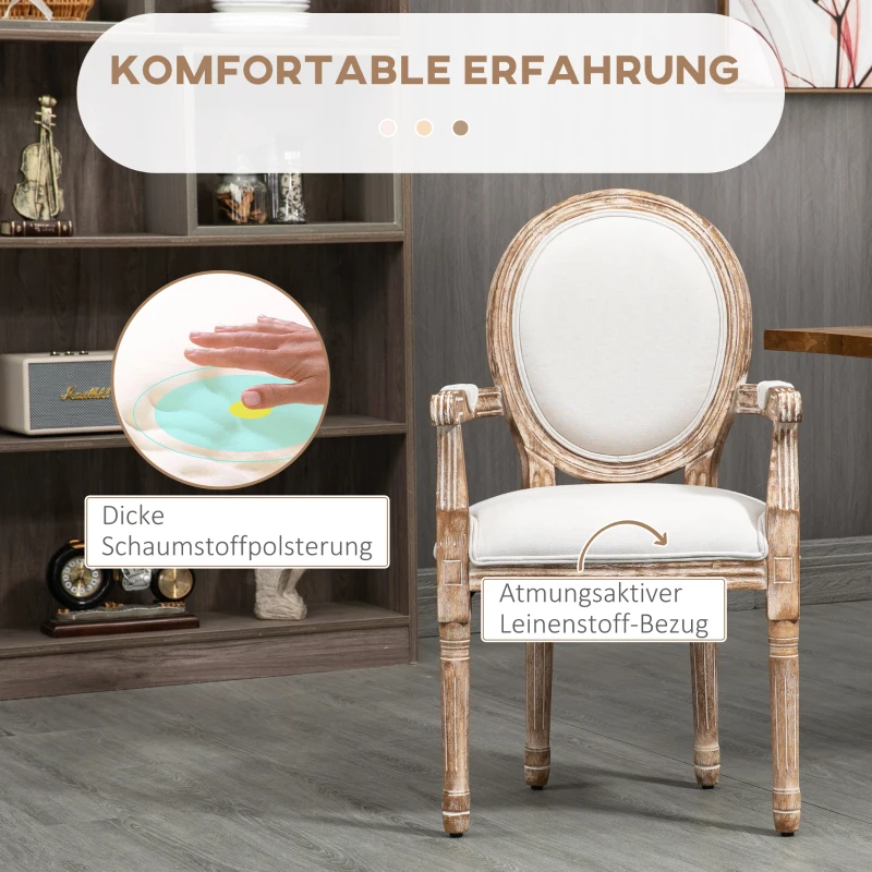 HOMCOM Küchenstuhl mit Armlehnen Polsterstuhl Esszimmerstuhl Retro-Design im Leinen-Optik für Wohnzimmer Gummiholz Cremeweiß+ helle Holzfarbe 56 x 56 x 96 cm