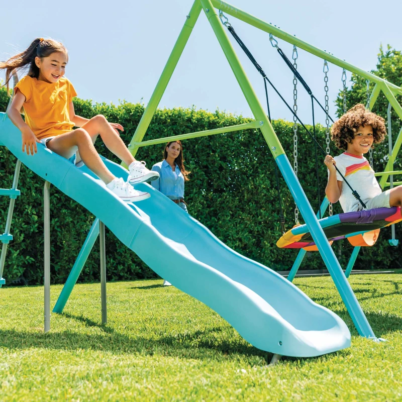 INTEX 44151 - Altalena Verde E Blu Cm 467X244X201, 5 Componenti (Scivolo, Dondolo Ottagonale, 2 Altalene, Dondolo Con Poggia Piedi)