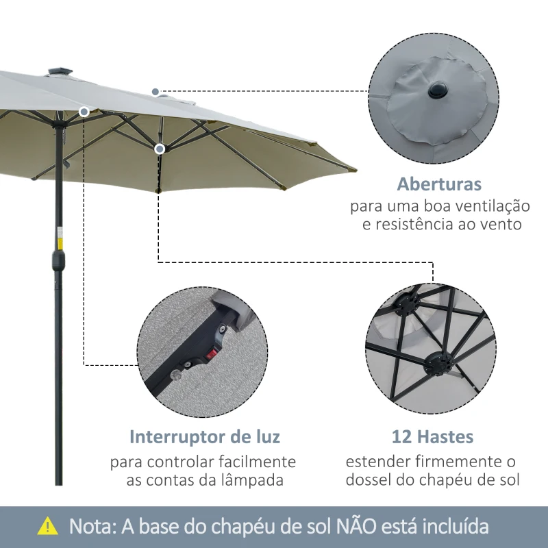 Outsunny Chapéu de Sol Duplo de Jardim com 48 Luzes LED Solar 450x265x240cm com Manivela Proteção Solar para Terraço Cinza Claro