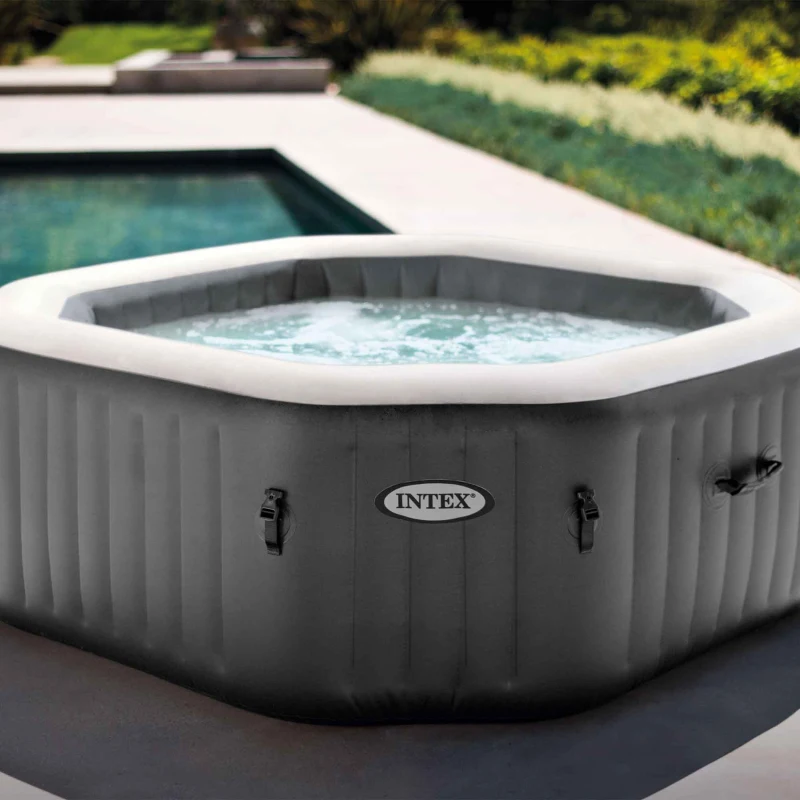 INTEX 28434EX - Spa Bubble Ottagonale Cm 180X71, 4 Posti, Con Pompa, Riscaldatore, Sistema Di Purificazione Acqua, 120 Getti, Telo Base, Telo Copertura, Dispenser Di Cloro