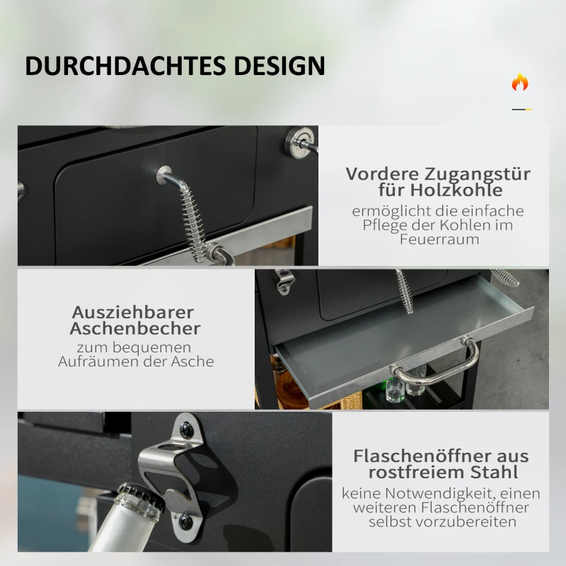 Outsunny Kolenbarbecue BBQ-grill Smoker, inclusief thermometer, flesopener, 120 x 64 x 114 cm, Zwart
