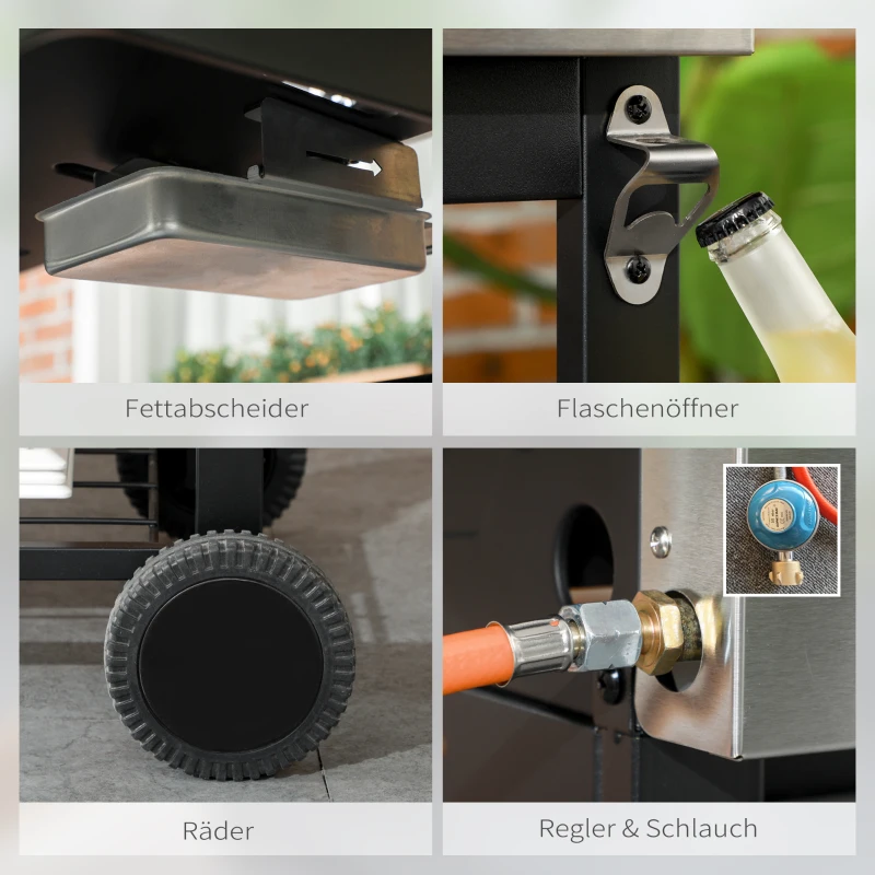 Outsunny Grill gazowy BBQ-Grill, 4 główne palniki, 1 palnik boczny, 1 płyta do podgrzewania; 135 x 53 x 101cm, Ciemnoszary