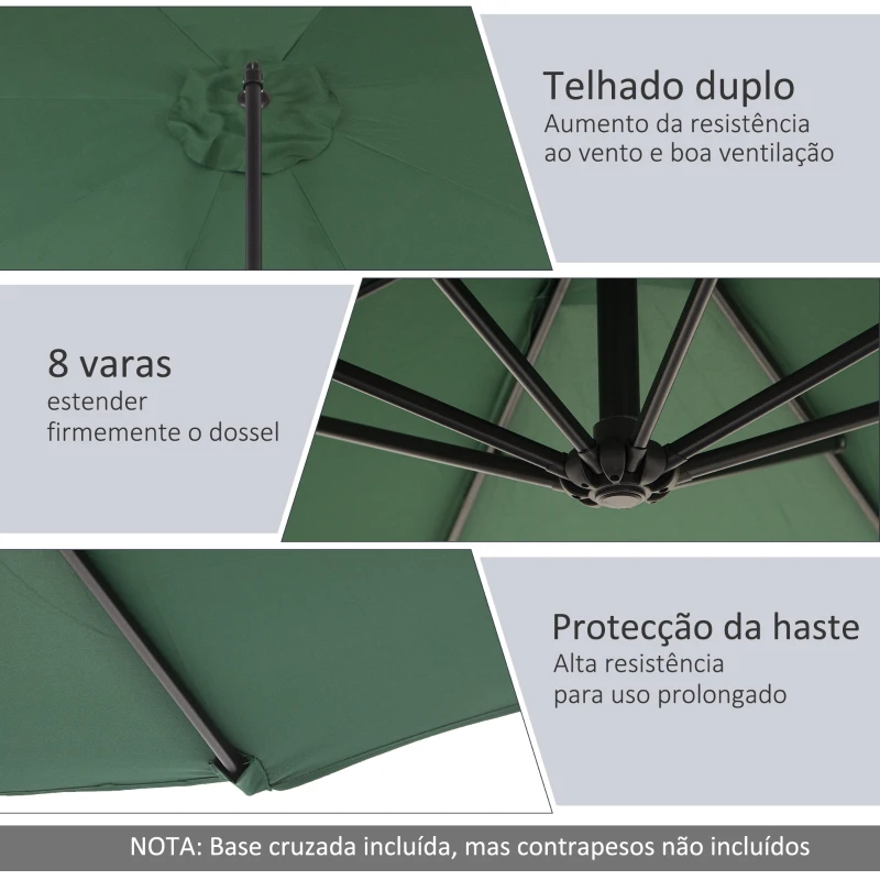 Outsunny Chapéu de Sol de Jardim Ø295x245cm Chapéu de Sol Excêntrico Inclinável com Manivela Base Cruzada Suporte de Aço Verde