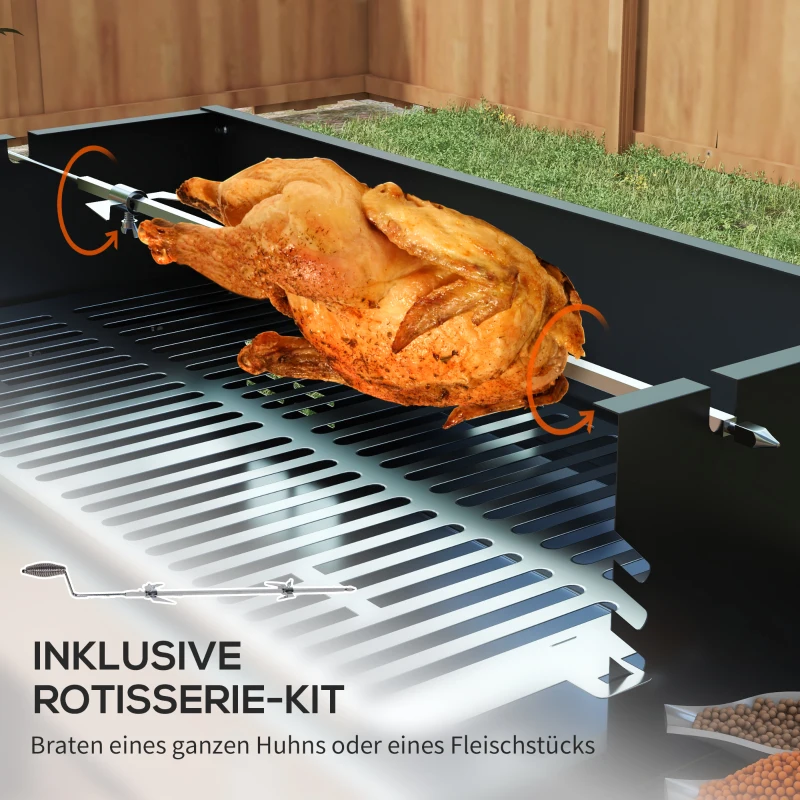 Outsunny Houtskoolgrill BBQ-Grill, verstelbaar rooster, 1 draaispies, 118 x 32 x 90 cm, Zwart + Zilver