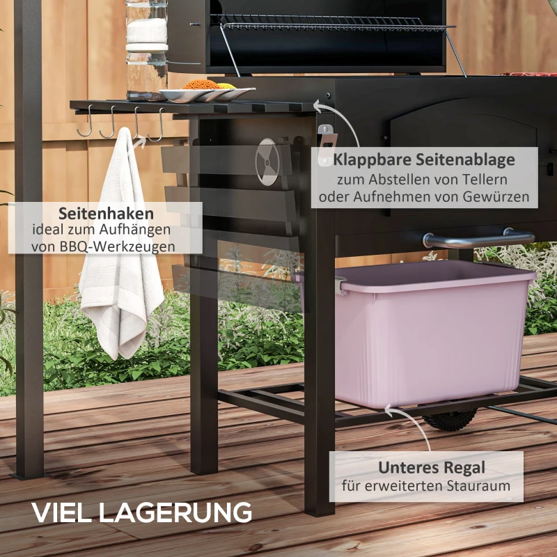 Outsunny Houtskoolgrill BBQ-Grill Smoker, verstelbare koolstoffen, zijtafels, 124 x 66 x 112 cm, Zwart