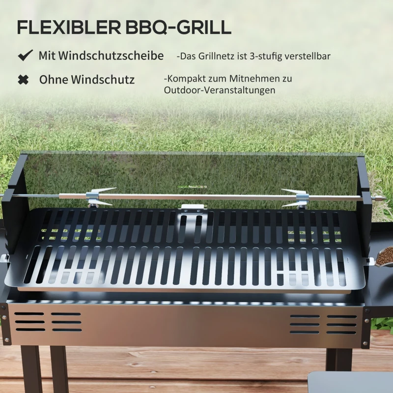 Outsunny Houtskoolgrill BBQ-Grill, verstelbaar rooster, 1 draaispies, 118 x 32 x 90 cm, Zwart + Zilver
