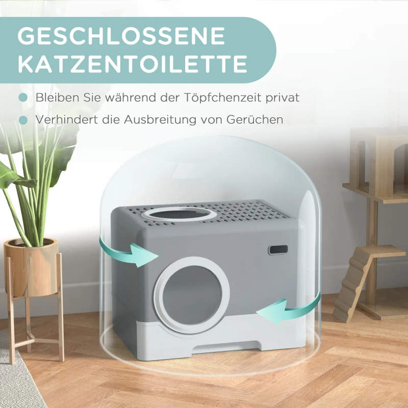 PawHut Kuweta dla Kotów, 2 Wyjścia, Wysuwana Taca, 52 x 41 x 38,5 cm, Szary