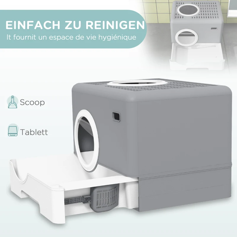 PawHut Kuweta dla Kotów, 2 Wyjścia, Wysuwana Taca, 52 x 41 x 38,5 cm, Szary