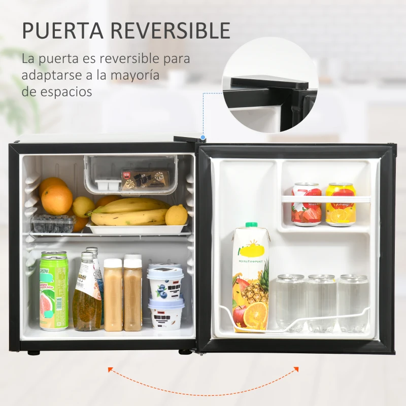HOMCOM Nevera Eléctrica Pequeña 46L de Capacidad Mini Bar con Rejilla Ajustable Compartimento Congelador y Puerta Reversible Bajo Consumo 44,5x46,5x49,8 cm Negro