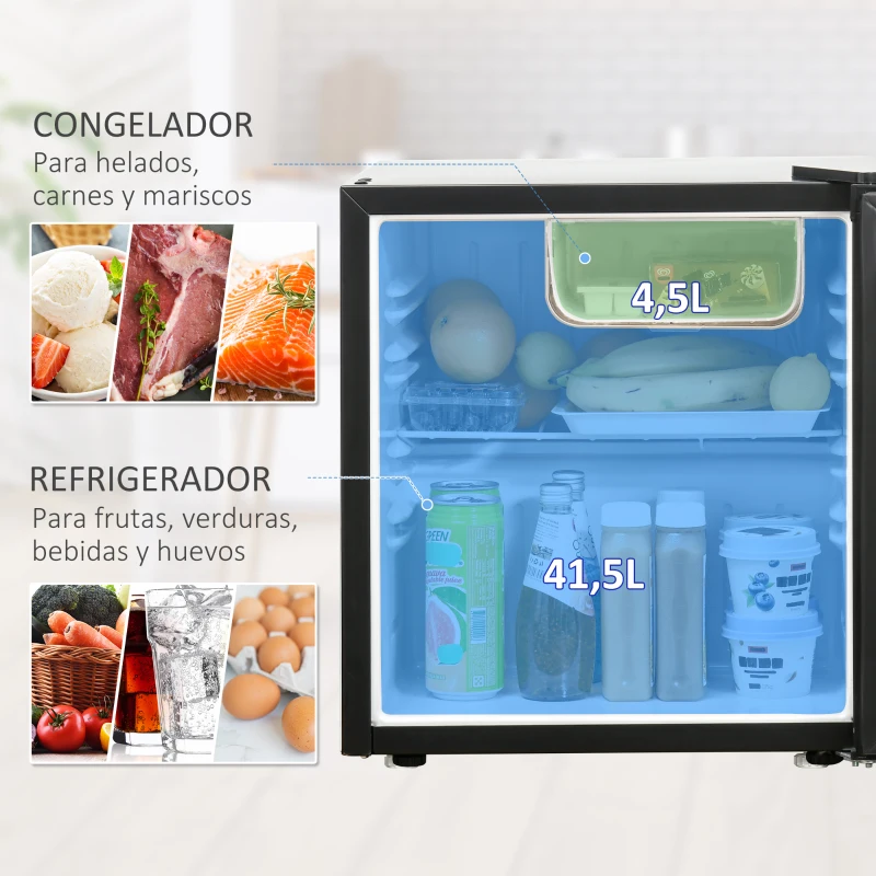 HOMCOM Nevera Eléctrica Pequeña 46L de Capacidad Mini Bar con Rejilla Ajustable Compartimento Congelador y Puerta Reversible Bajo Consumo 44,5x46,5x49,8 cm Negro