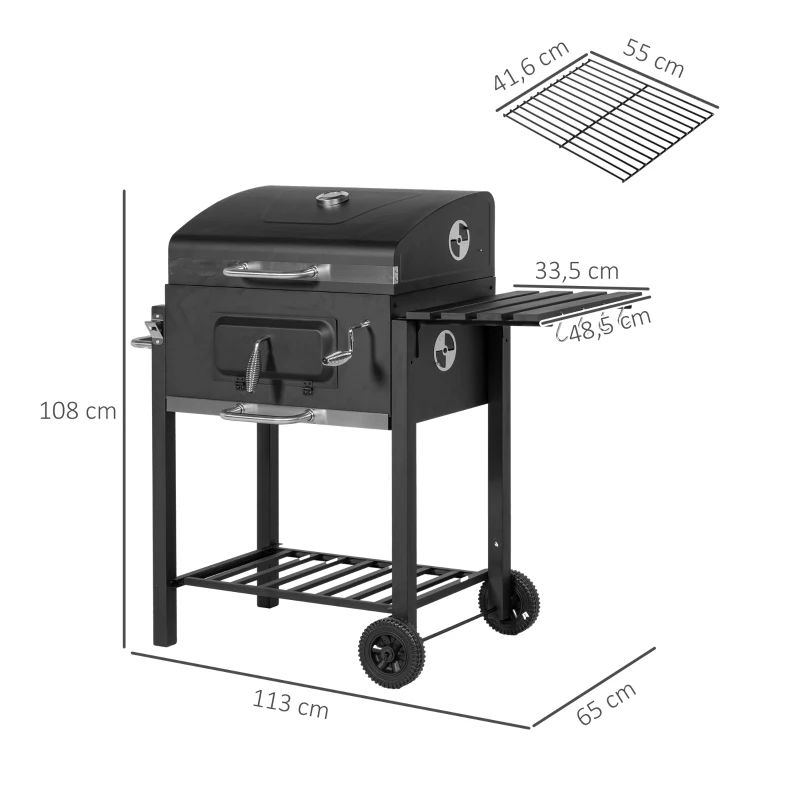 Outsunny Barbecue a Carvão com Rodas Tampa Grelhas de Aço Inoxidável Termômetro Bandeja Lateral e Prateleira 113x65x108 cm Preto