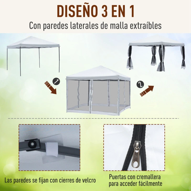 Outsunny Carpa Plegable 3x3 m Cenador de Jardín con 4 Paredes Laterales de Malla 8 Orificios de Drenaje Impermeable y Bolsa de Transporte Gazebo para Exterior Jardín Patio Fiestas Blanco