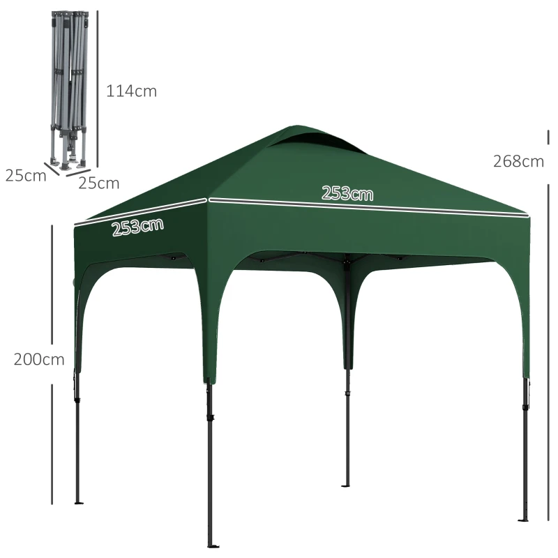 Outsunny Tenda Dobrável 2,5x2,5x2,68cm Tenda de Jardim com Proteção UV 50+ Altura Ajustável com 4 Sacos de Areia Verde Escuro