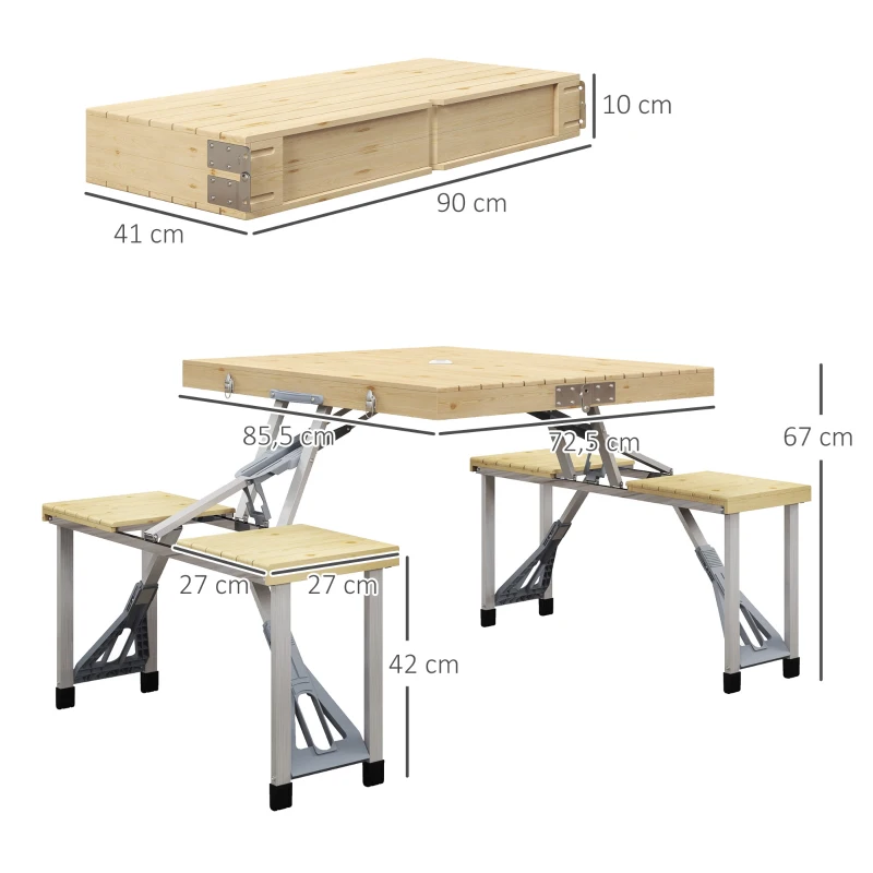 Outsunny Mesa Campismo Dobrável 86x72,5x67 cm com 4 Assentos e Orifício para Chapéu de Sol Estrutura de Aluminio Exterior Natural