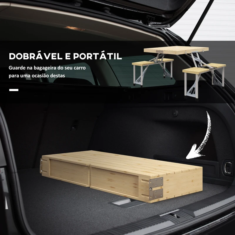 Outsunny Mesa Campismo Dobrável 86x72,5x67 cm com 4 Assentos e Orifício para Chapéu de Sol Estrutura de Aluminio Exterior Natural