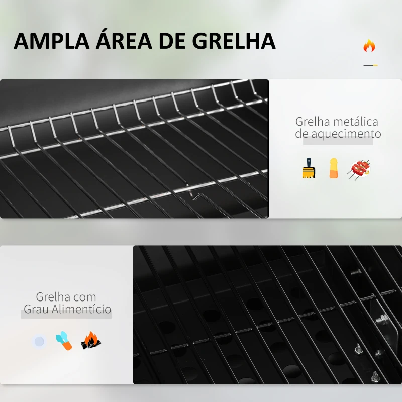Outsunny Barbecue a Carvão com Rodas Tampa Grelhas de Aço Inoxidável Termômetro Bandeja Lateral e Prateleira 113x65x108 cm Preto