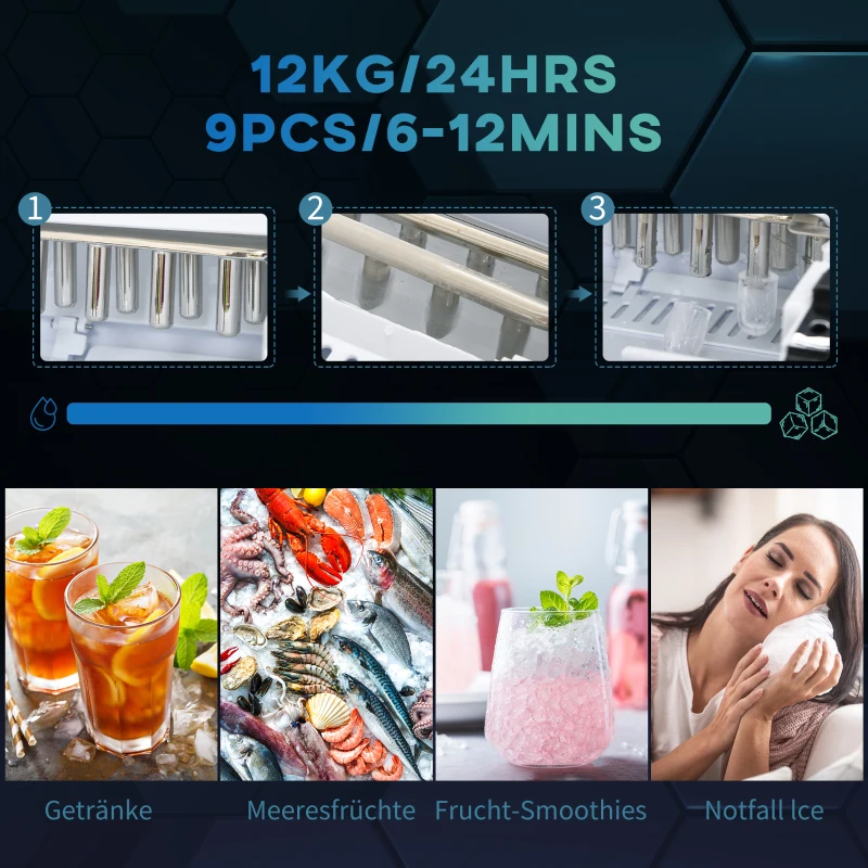 HOMCOM Ijsblokjesmachine Ijsblokjesdispenser, Ice-Maker, 12kg/Dag, 9 Stukken/ 6-12Minuten, Zilver