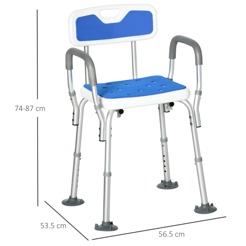 HOMCOM EVA Padded Shower Chair for the Elderly and Disabled, Height Adjustable Shower Stool with Back and Arms, 4 Suction Foot Pads, Blue(m-3)