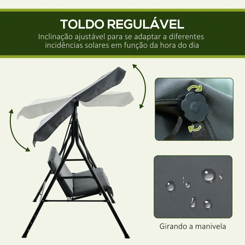 Outsunny Baloiço de Jardim de 3 Lugares com Almofada Toldo Ajustável e Estrutura de Aço para Balcão Terraço 172x110x153 cm Cinza
