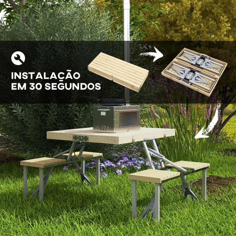 Outsunny Mesa Campismo Dobrável 86x72,5x67 cm com 4 Assentos e Orifício para Chapéu de Sol Estrutura de Aluminio Exterior Natural