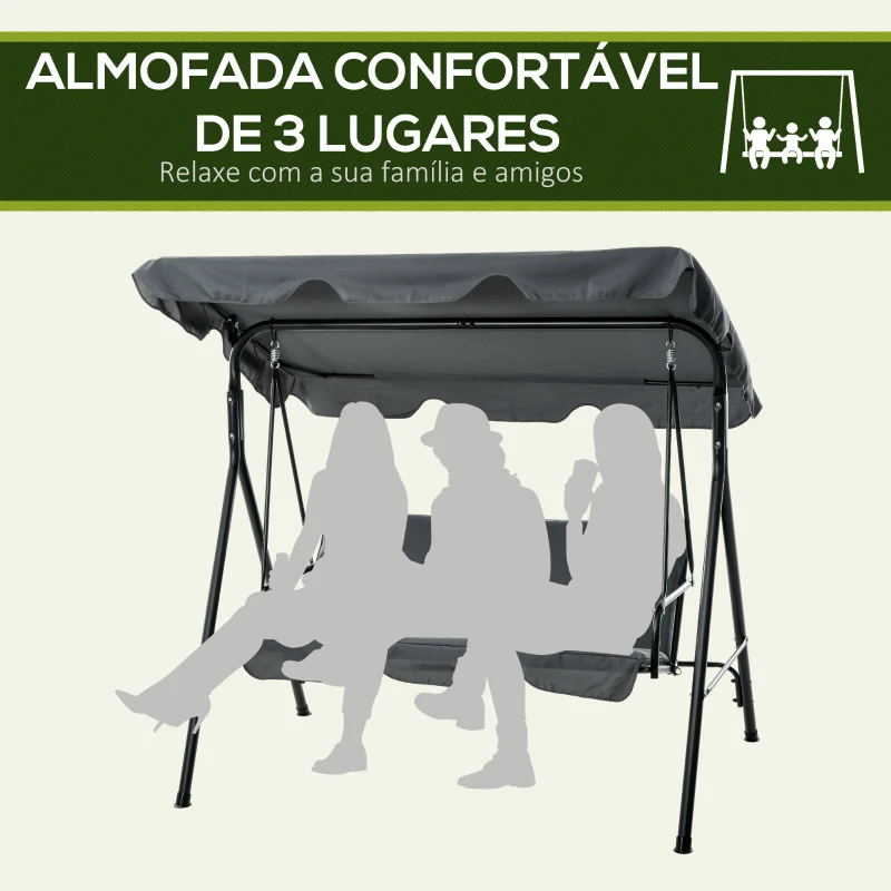 Outsunny Baloiço de Jardim de 3 Lugares com Almofada Toldo Ajustável e Estrutura de Aço para Balcão Terraço 172x110x153 cm Cinza